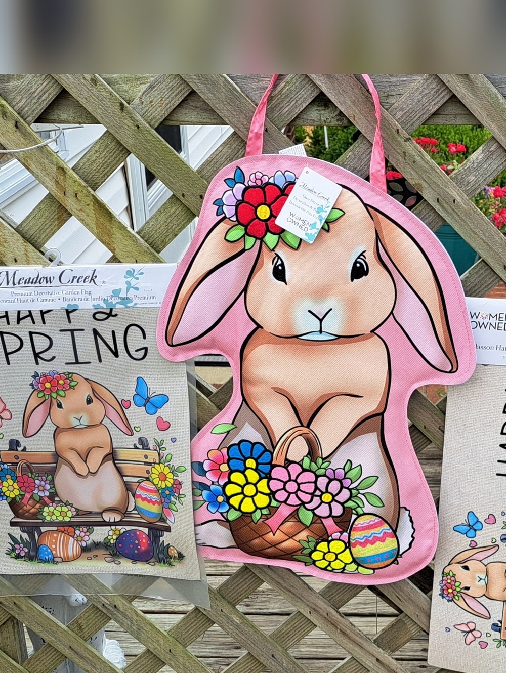 Set of 3 -Pink Bunny "Happy Spring" Door Hanger, Garden Flag & Sassafras Mat